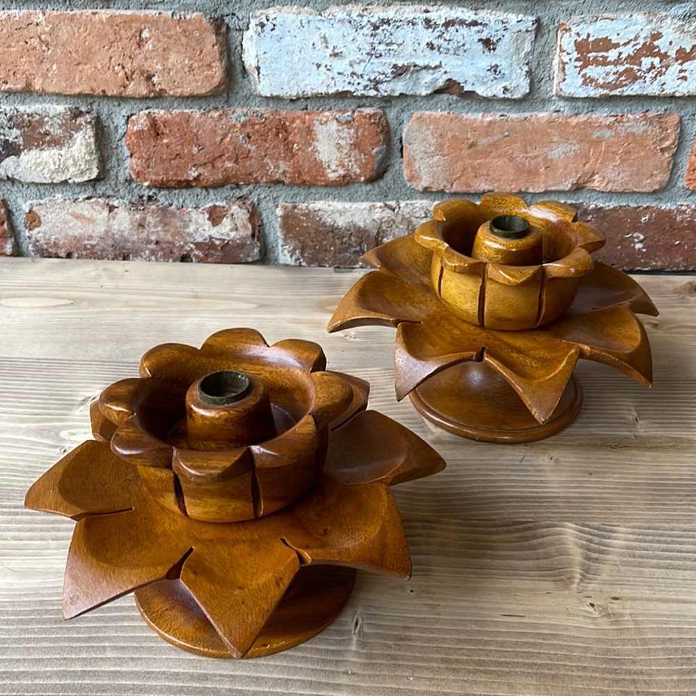 MCM WOODEN LOTUS FLOWER CANDLE HOLDER PAIR